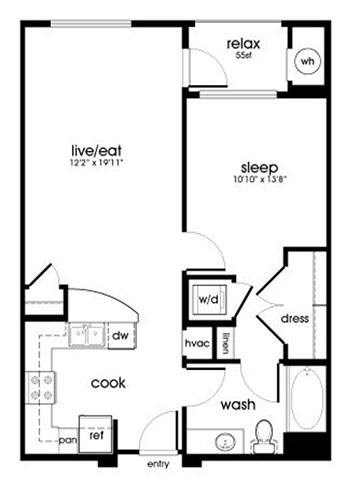Floor plan for 1 bed, 1 bath, 753 sqft