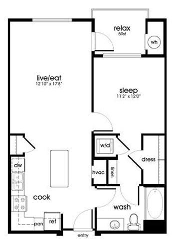 Floor plan for 1 bed, 1 bath, 783 sqft