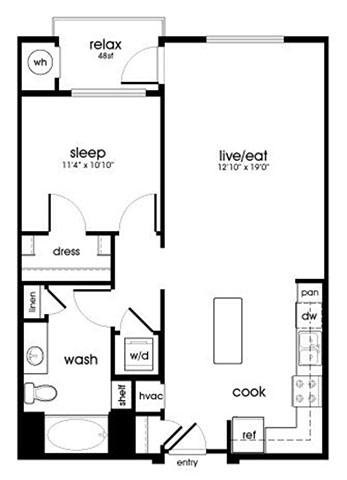 Floor plan for 1 bed, 1 bath, 798 sqft
