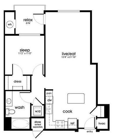 Floor plan for 1 bed, 1 bath, 816 sqft