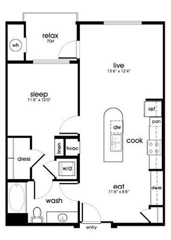 Floor plan for 1 bed, 1 bath, 806 sqft