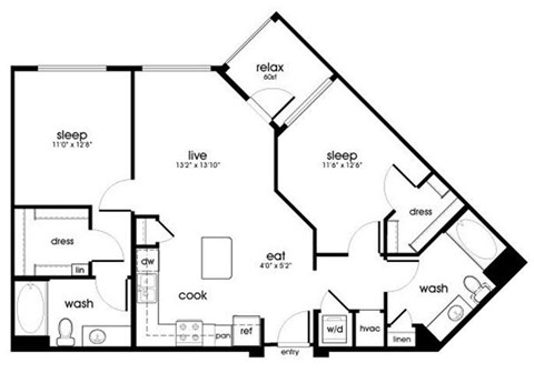 Floor plan for 2 beds, 2 baths, 1055 sqft
