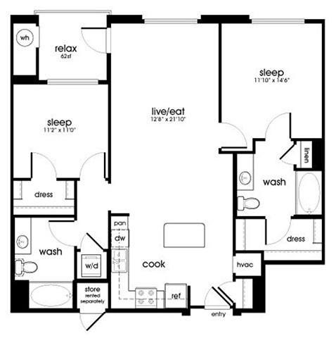 Floor plan for 2 beds, 2 baths, 1127 sqft