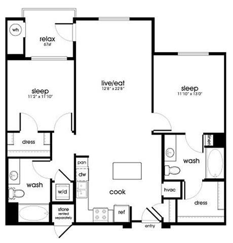 Floor plan for 2 beds, 2 baths, 1128 sqft