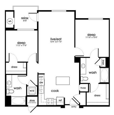 Floor plan for 2 beds, 2 baths, 1133 sqft