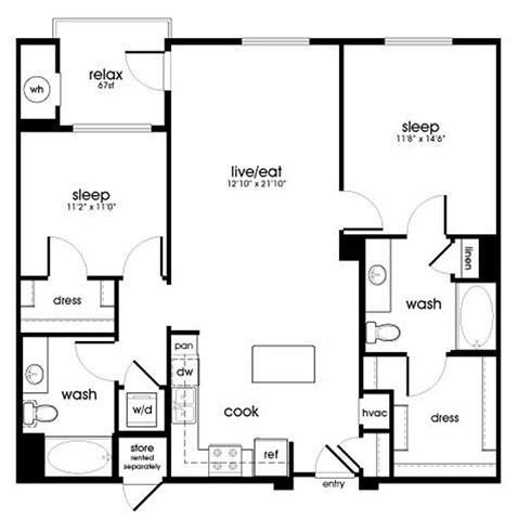 Floor plan for 2 beds, 2 baths, 1167 sqft