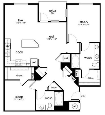 Floor plan for 2 beds, 2 baths, 1281 sqft