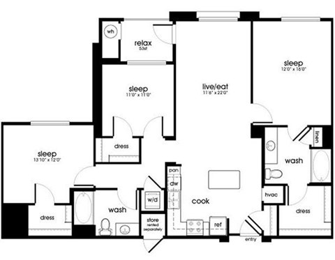 Floor plan for 3 beds, 2 baths, 1382 sqft