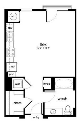 Floor plan for studio, 1 bath, 597 sqft