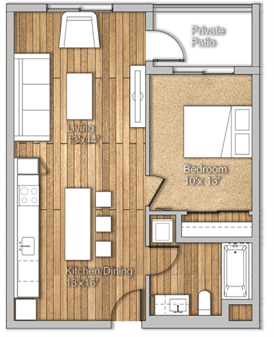 Floor plan for 1 bed, 1 bath, 690 sqft