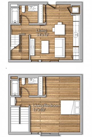 Floor plan for 1 bed, 2 baths, 1001 sqft