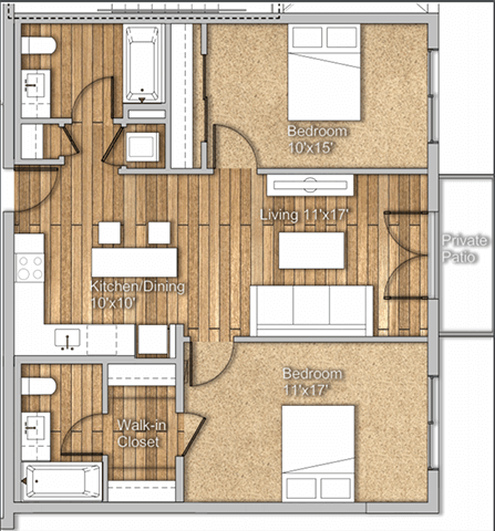 Floor plan for 2 beds, 2 baths, 1010 sqft