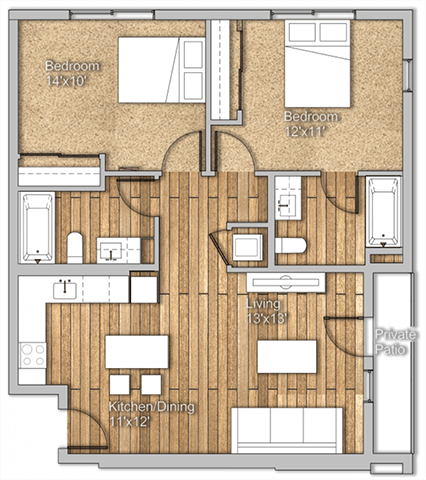 Floor plan for 2 beds, 2 baths, 947 sqft