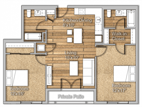 Floor plan for 2 beds, 2 baths, 1082 sqft