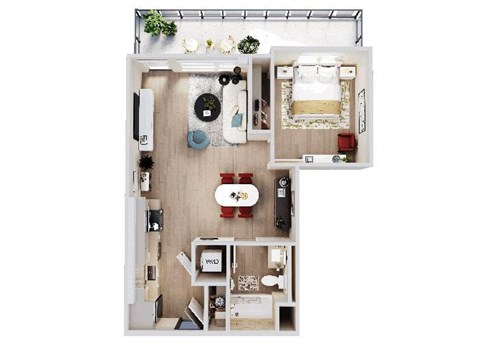 Floor plan for 1 bed, 1 bath, 733 sqft