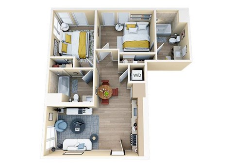 Floor plan for 2 beds, 2 baths, 833 sqft