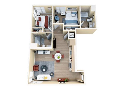 Floor plan for 2 beds, 2 baths, 947 sqft