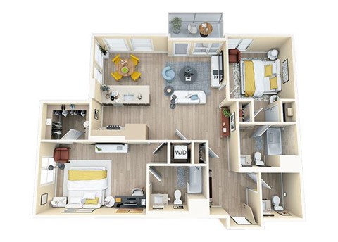 Floor plan for 2 beds, 2.5 baths, 1246 sqft