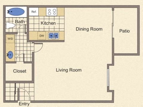 Floor plan for studio, 1 bath, 500 sqft