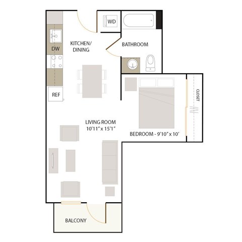 Floor plan for 1 bed, 1 bath, 574 sqft