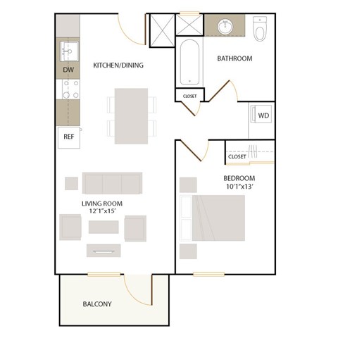 Floor plan for 1 bed, 1 bath, 694 sqft