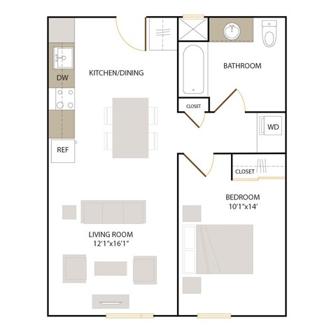 Floor plan for 1 bed, 1 bath, 732 sqft