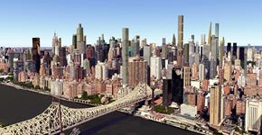 New York apartment for rent - A cityscape with a bridge crossing a river.