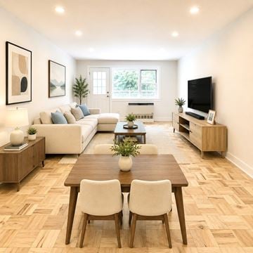 Roslyn apartment for rent - A modern living room with a wooden table and white chairs.
