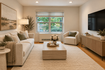 Roslyn apartment for rent - A living room with a large window, a couch, a chair, a coffee table, and a painting on the wall.