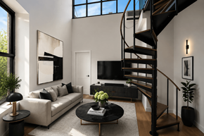 New York triplex for rent - A living room with a spiral staircase and a white couch.