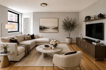 New York apartment for rent - A living room with a white couch, a coffee table, and a painting on the wall.