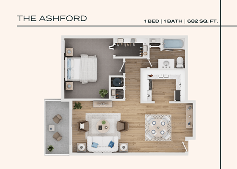 Floor plan for 1 bed, 1 bath, 682 sqft