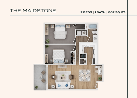 Floor plan for 2 beds, 1 bath, 862 sqft