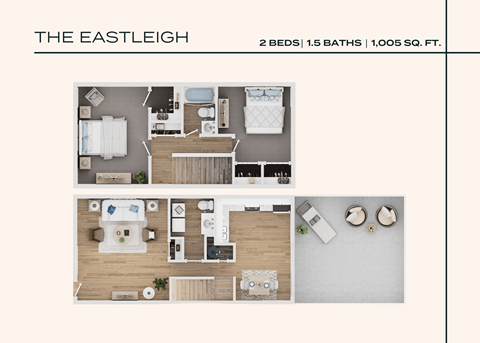 Floor plan for 2 beds, 1.5 baths, 1005 sqft