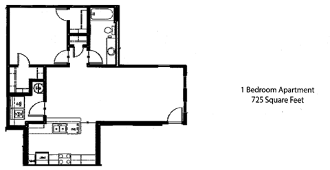 Floor plan for 1 bed, 1 bath, 725 sqft