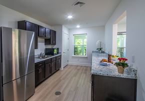 Wilmington apartment for rent - A kitchen with a refrigerator, cabinets, and a counter with a plant on it.