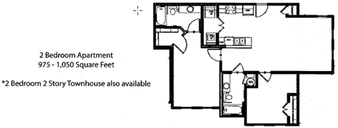Floor plan for 2 beds, 1 bath, 975 sqft