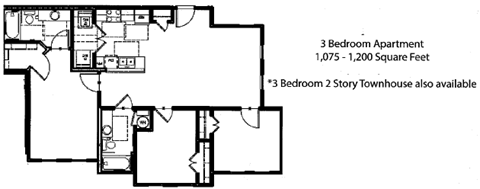 Floor plan for 3 beds, 2 baths, 1075 sqft
