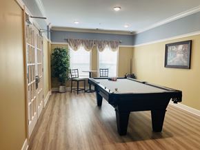 Buford apartment for rent - A pool table in a room with a chair and a plant.