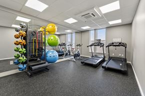 Atlanta apartment for rent - A gym with treadmills, exercise balls, and resistance bands.