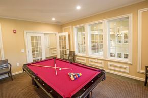 Gainsville apartment for rent - A pool table with a red cloth and white cue ball and balls on it.