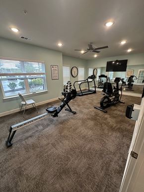 Elberton apartment for rent - A spacious home gym with exercise equipment and a television.