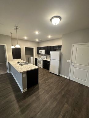 Elberton apartment for rent - A kitchen with a granite countertop and white appliances.