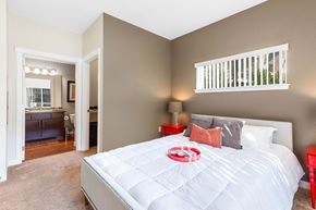 Missoula apartment for rent - Bedroom with a large bed and a bathroom in the background
