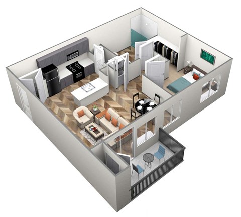 Floor plan for 1 bed, 1 bath, 896 sqft