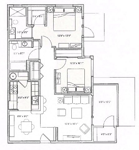 Floor plan for 2 beds, 2 baths, 1061 sqft