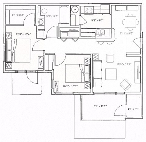Floor plan for 2 beds, 1 bath, 980 sqft