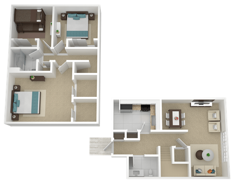Floor plan for 3 beds, 2.5 baths, 1395 sqft
