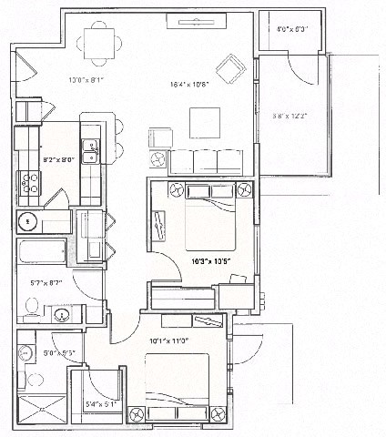 Floor plan for 2 beds, 2 baths, 1108 sqft