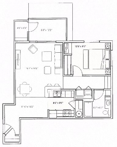 Floor plan for 1 bed, 1 bath, 950 sqft